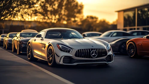 Silver sports coupe leads luxury car lineup at sunset.