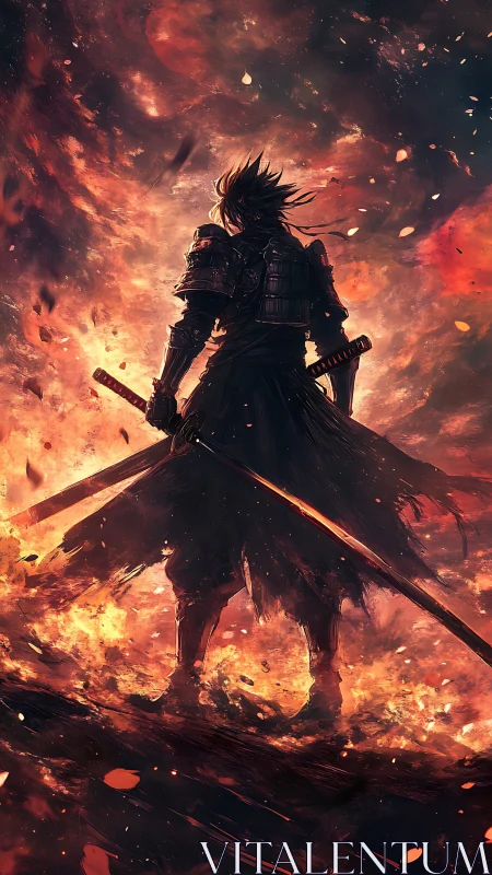 Armored swordsman silhouette amid swirling fire and embers.