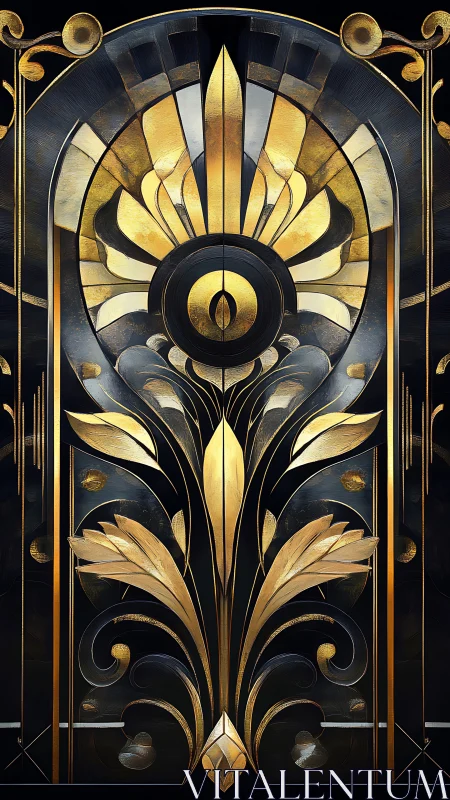 Art Deco gold floral panel with symmetrical geometric ornament.