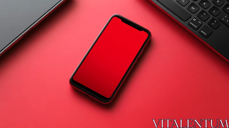 Smartphone on red surface with laptop and keyboard.