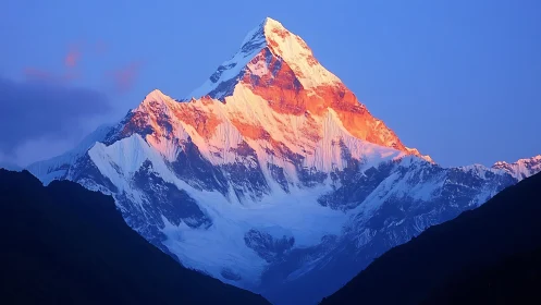 Snow peak glows under warm sunset light against blue sky
