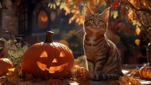 Tabby Cat Seated Beside Glowing Jack-O'-Lantern Pumpkin