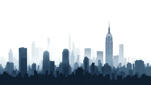 Monochrome high-rise skyline in layered atmospheric perspective.