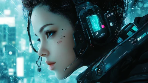 Cybernetic female pilot in teal holographic interface glow.