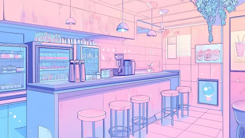 Soft pastel café counter glows with dreamy inviting light