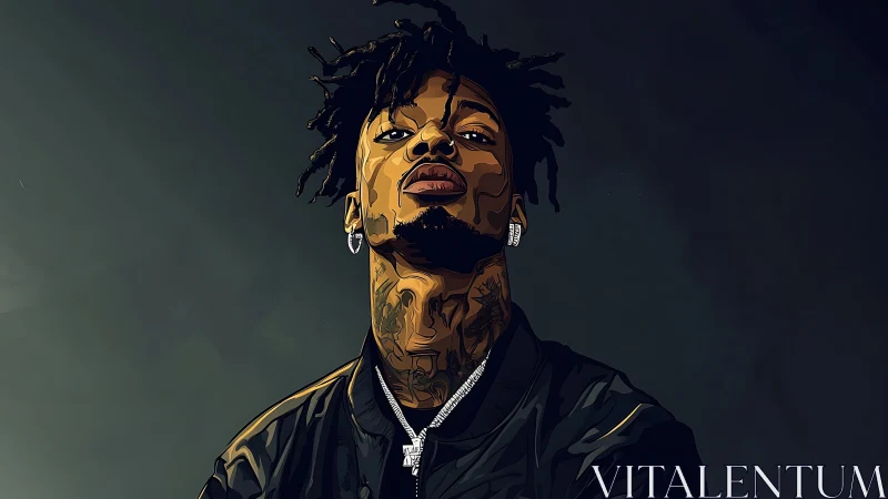 Vector portrait of male figure with tattoos on dark ground.