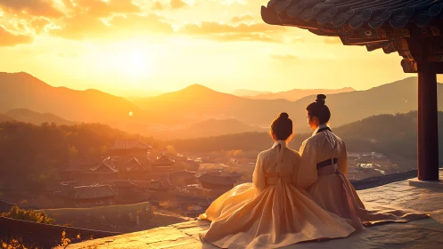 Sunset serenity over Korean hanok village and mountains.