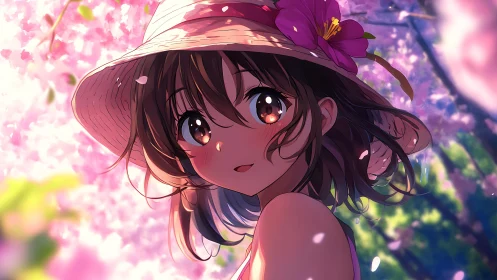 Spring-kissed girl turns beneath a storm of cherry petals