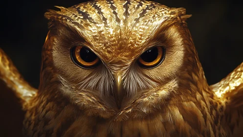 Majestic golden owl close-up portrait in dramatic lighting.