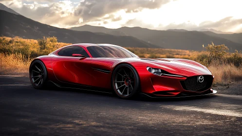 Sculpted red sports coupe in cinematic sunset landscape scene.