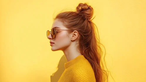 Side profile of woman in yellow against solid wall.
