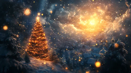 Glowing Christmas tree overlooks a snowlit, magical town