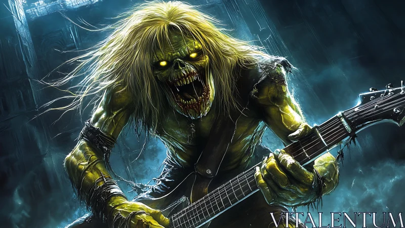 Undead metal guitarist roars under electric stormlight.