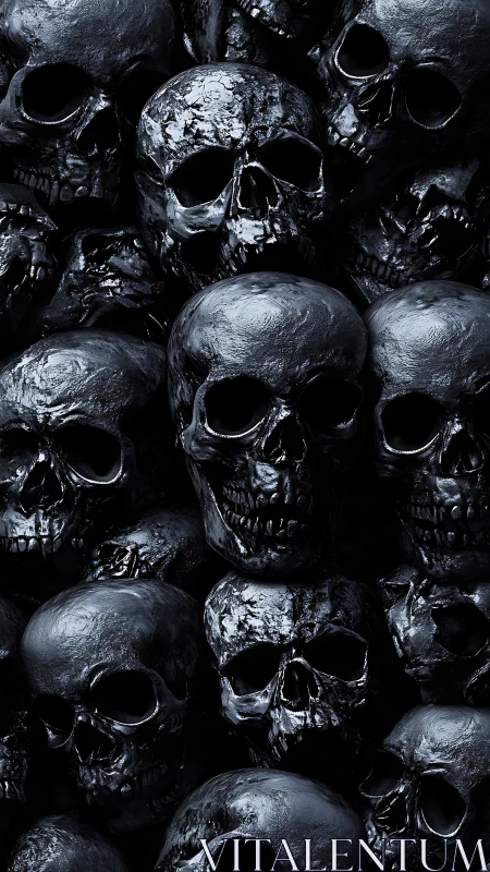 Glistening black skulls form a haunting, reflective wall.