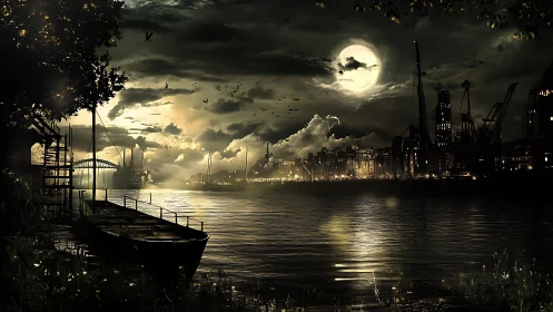 Moonlit industrial harbor glowing over calm dark water.