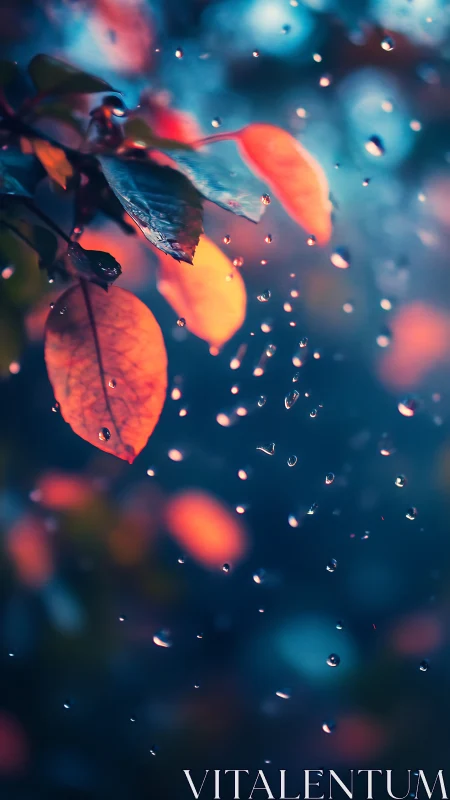 Shallow depth of field isolates autumn leaves in soft rainfall