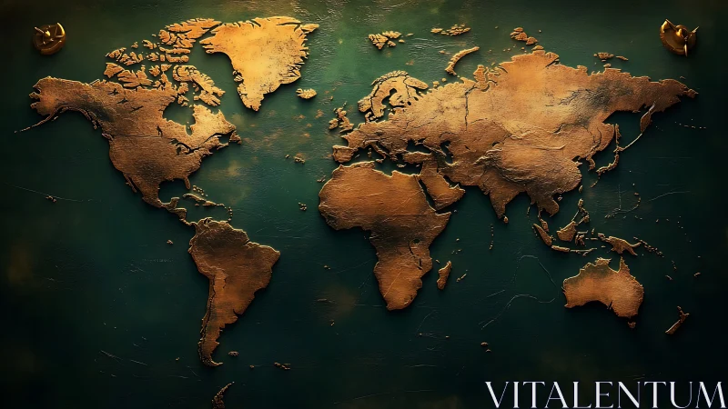 Textured metallic world map on dark green background.