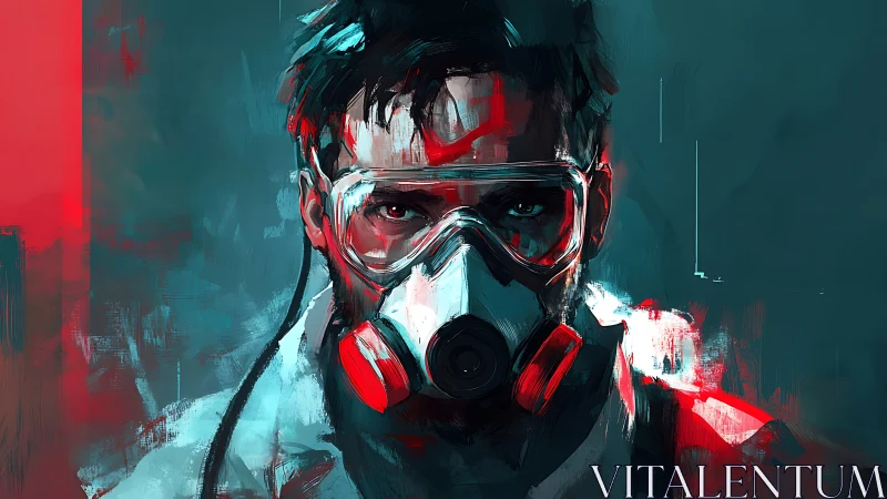 Crimson respirator vigilante in a storm of toxic neon.