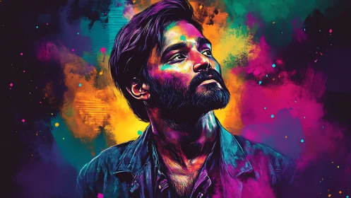Vibrant neon portrait of contemplative bearded man in splatter field