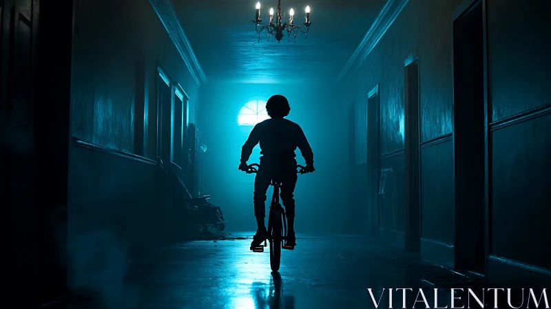 Backlit child cyclist silhouettes against moody corridor haze
