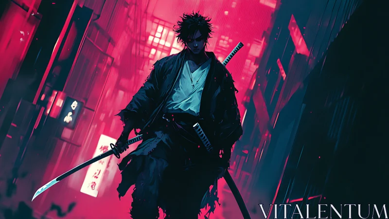 Samurai figure in neon-lit urban alleyway at night.