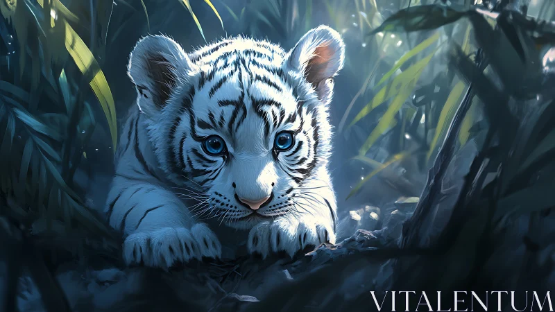 White tiger cub rendered in cinematic blue-toned digital realism