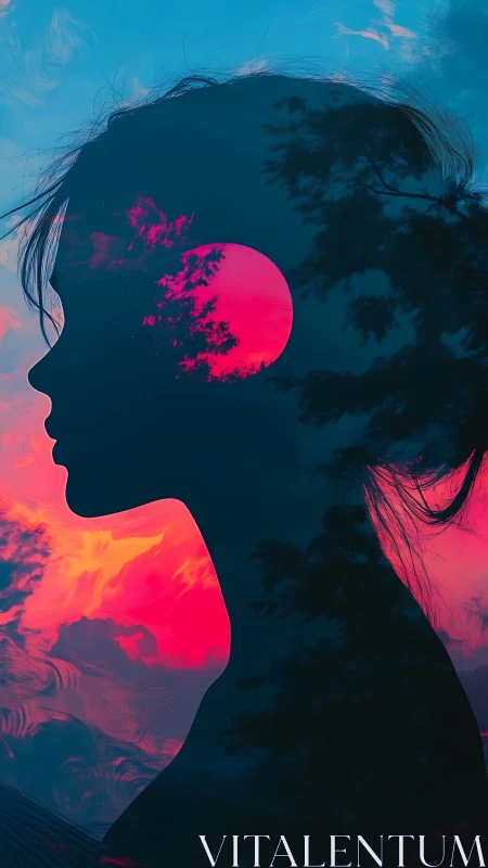 Silhouetted female profile overlays neon sunset and trees