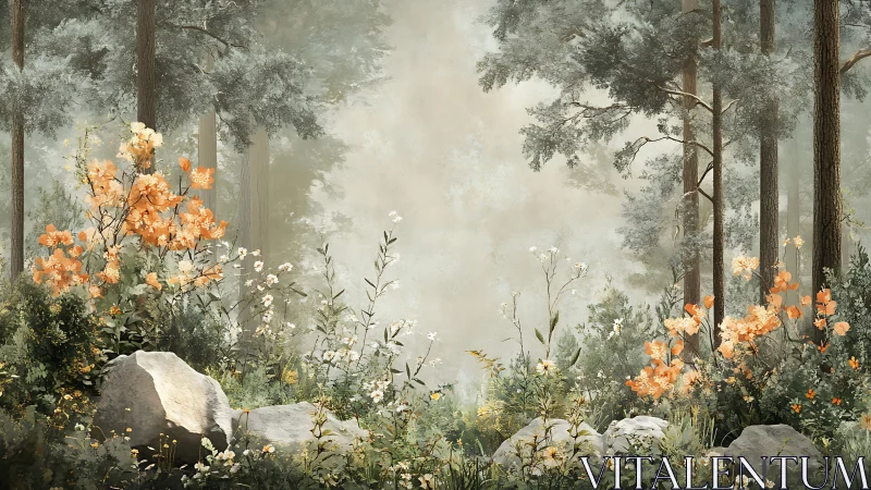 Misty Forest Landscape with Orange Flowers and Moss-Covered Boulders