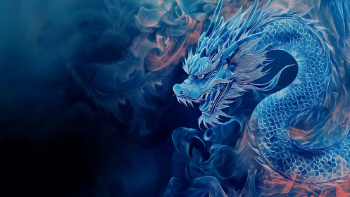 Cerulean oriental dragon coiled in luminous ethereal smoke.