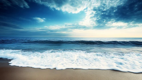 Gentle ocean waves roll onto a peaceful sunlit shoreline