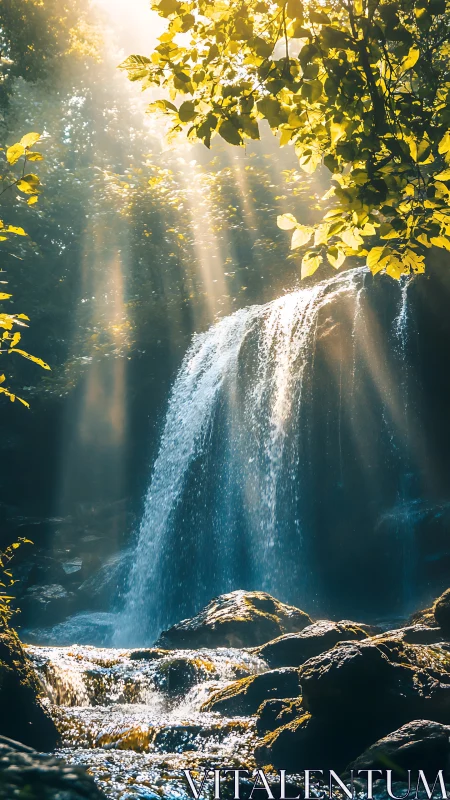 Sunlit forest waterfall captures volumetric light and motion