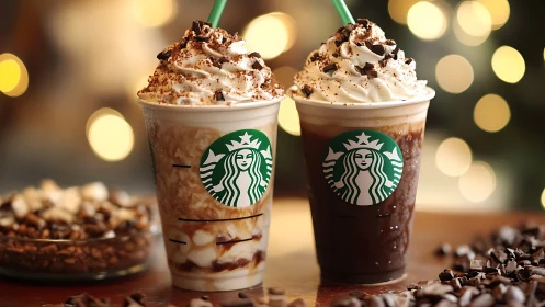Two Starbucks frappuccinos stand topped with whipped cream