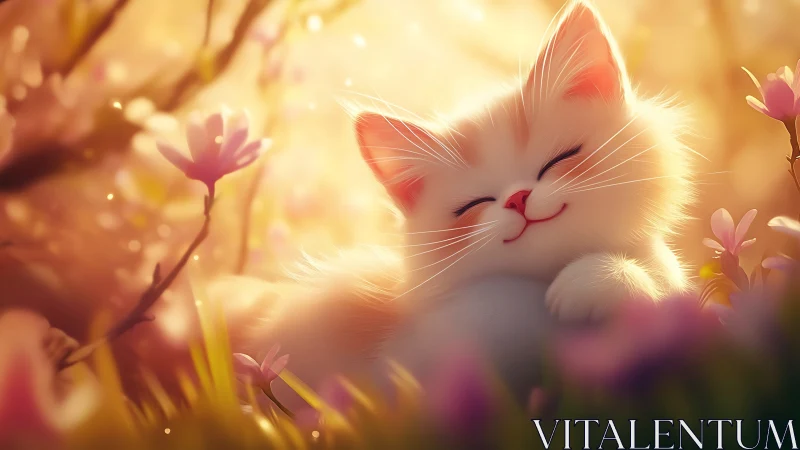 Luminous White Cat Among Blooming Flowers in Golden Light.