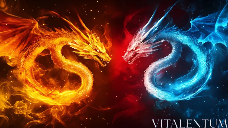 Fire and ice dragon duel in mirrored circular forms.