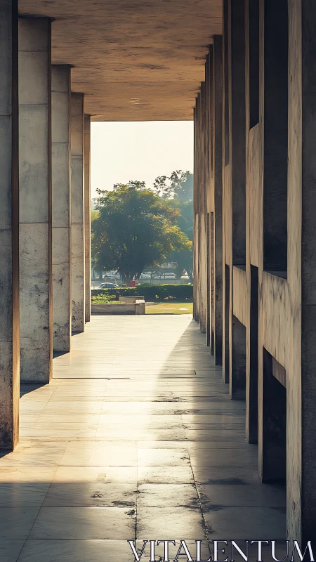 Sunlit marble colonnade framing distant urban foliage corridor.