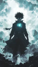 Stormlit silhouette walks with a glowing heart of thunder