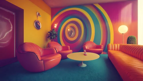 Retro lounge interior with vibrant concentric rainbow wall