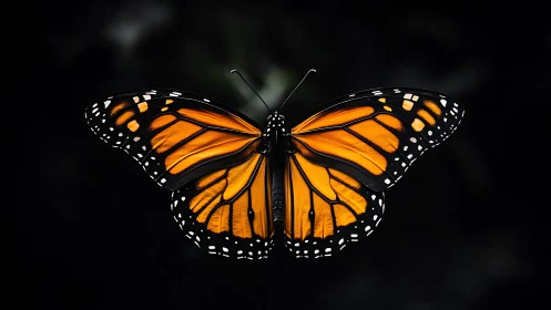 Bright monarch butterfly rests in calm, velvety darkness