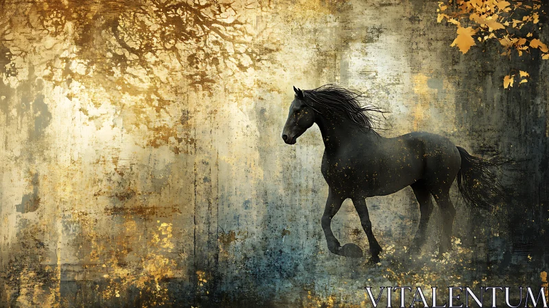 Midnight horse moves softly through golden misty forest light