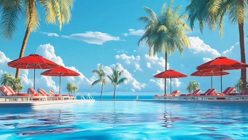 Infinity pool under red umbrellas overlooks serene tropical sea