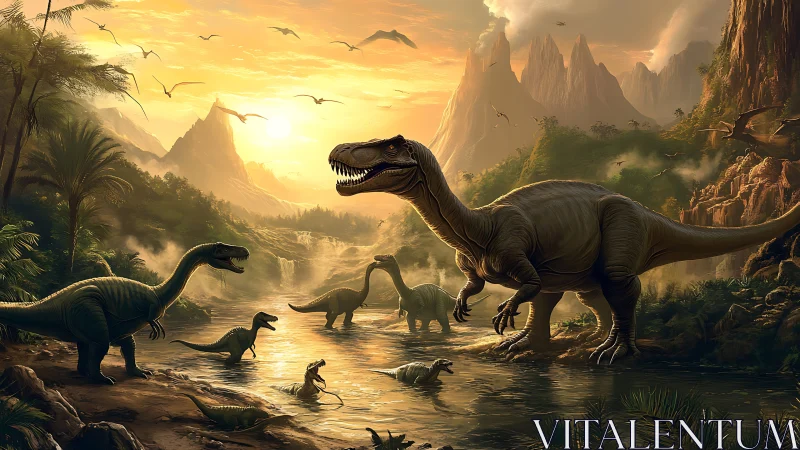 Sunlit mesozoic river valley with diverse dinosaur species