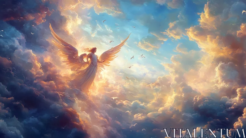 Radiant winged angel ascending through luminous storm clouds.