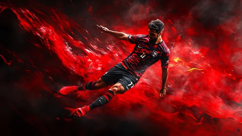 Dynamic soccer player sliding through intense red smoke.