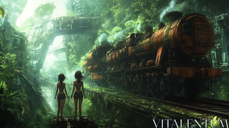 Rust trains breathe in jungle light as barefoot scouts watch.