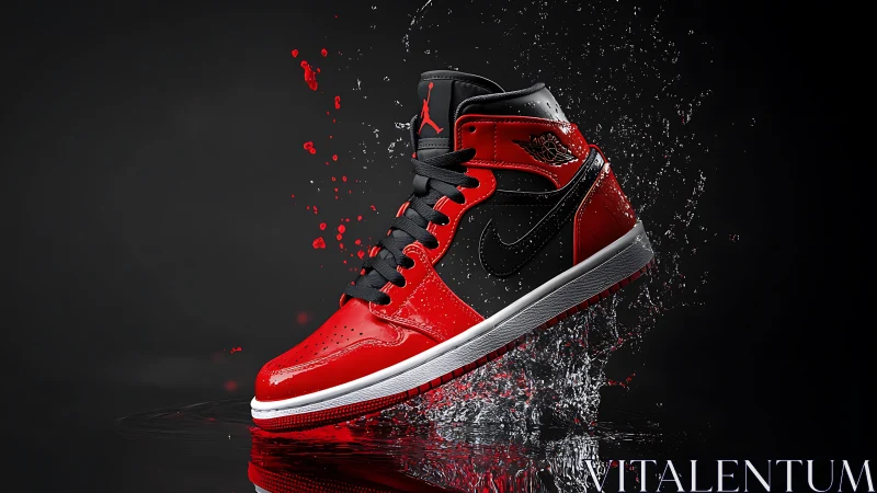 Red and black high-top sneaker splashes through water dramatically.