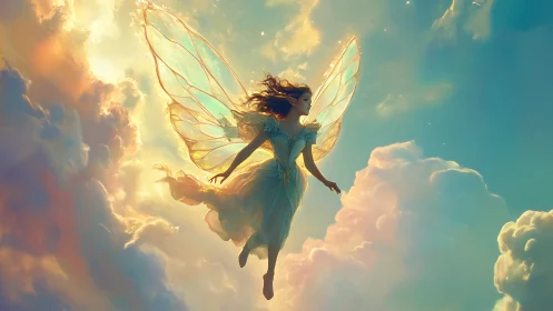 Ethereal sky fairy drifting through radiant sunset clouds.