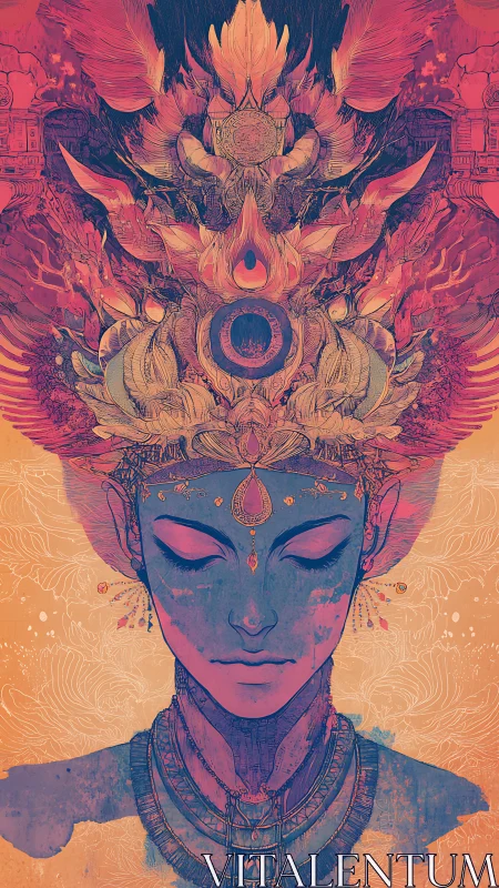 Surreal celestial portrait unites ornate headdress and meditative face