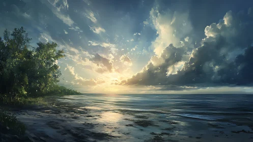 Dramatic sunset over quiet shoreline and reflective sea.