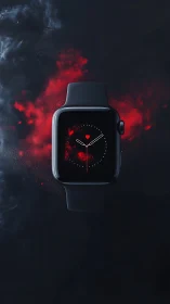 Midnight smartwatch cradles a pulsing nebula of crimson dust