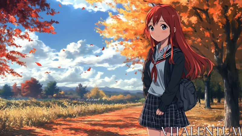 Red haired schoolgirl stands on autumn path under bright sky